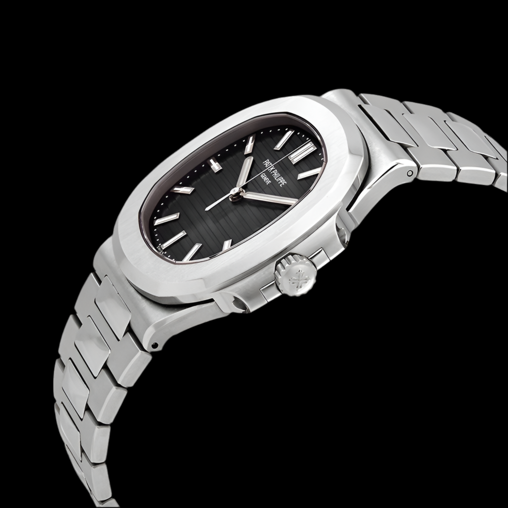 Nautilus watch, an elegant sports watch with a rounded octagonal bezel, porthole case, and embossed dial.