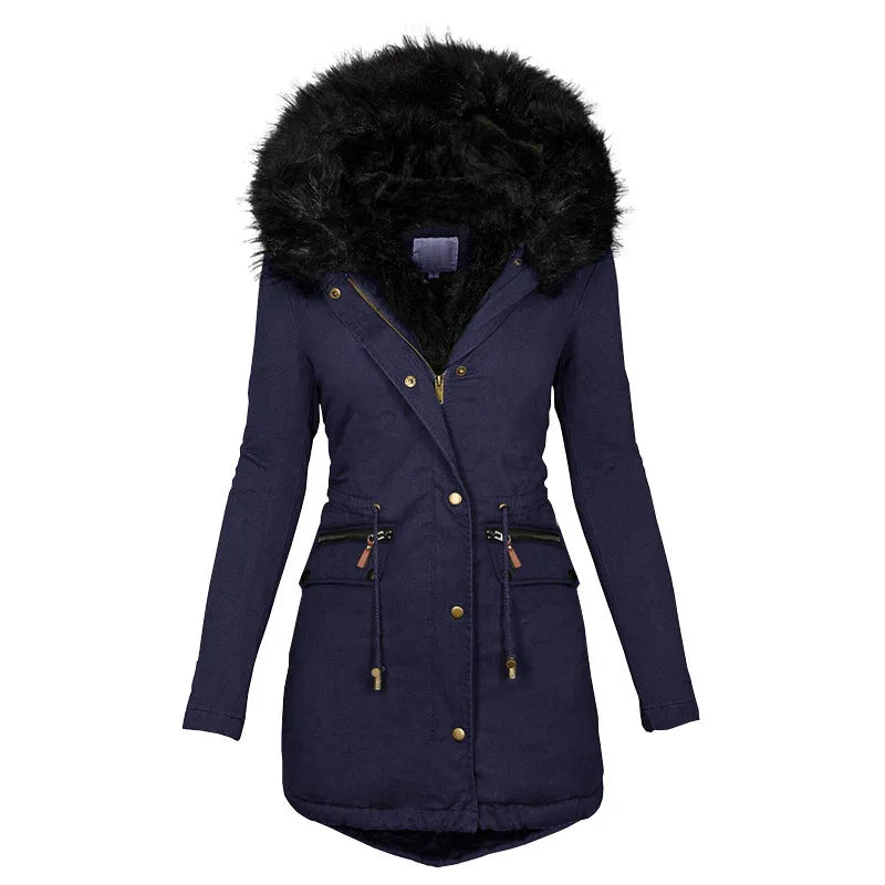 Women's Plush Hooded Parkas Winter Warm Thick Zip-up Jackets Casual Mid-length Solid Buckle Pockets Coat Outerwear Clothing - Dealnza