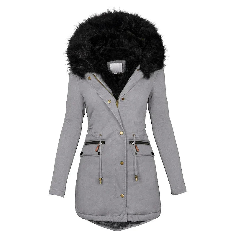 Women's Plush Hooded Parkas Winter Warm Thick Zip-up Jackets Casual Mid-length Solid Buckle Pockets Coat Outerwear Clothing - Dealnza