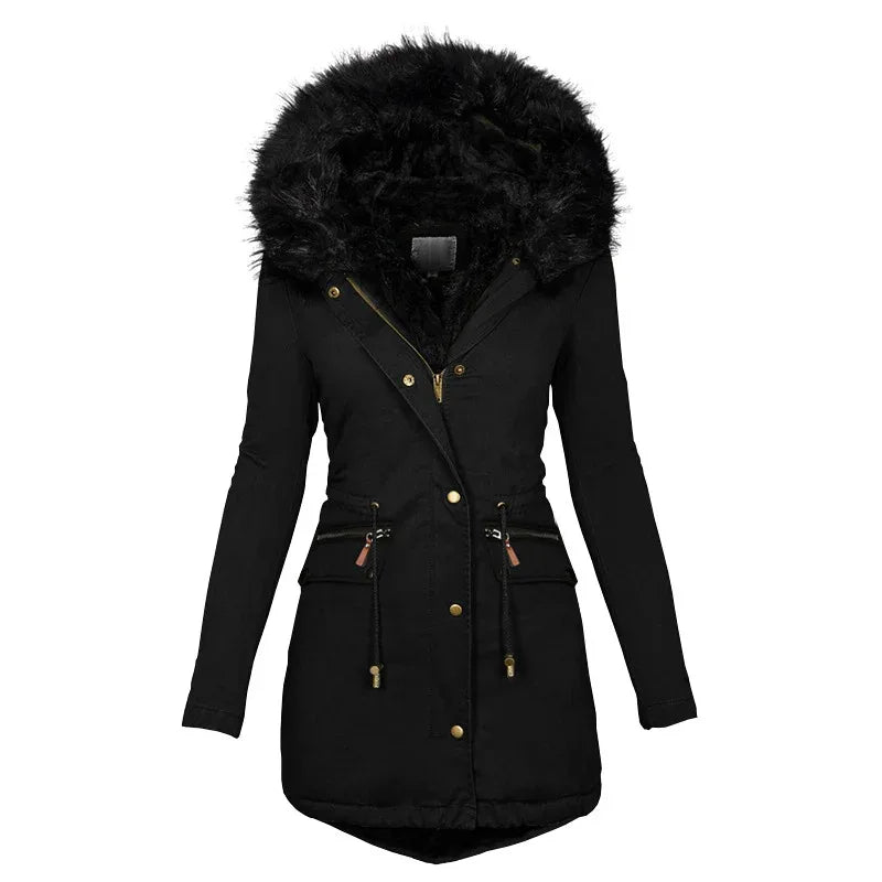 Women's Plush Hooded Parkas Winter Warm Thick Zip-up Jackets Casual Mid-length Solid Buckle Pockets Coat Outerwear Clothing - Dealnza
