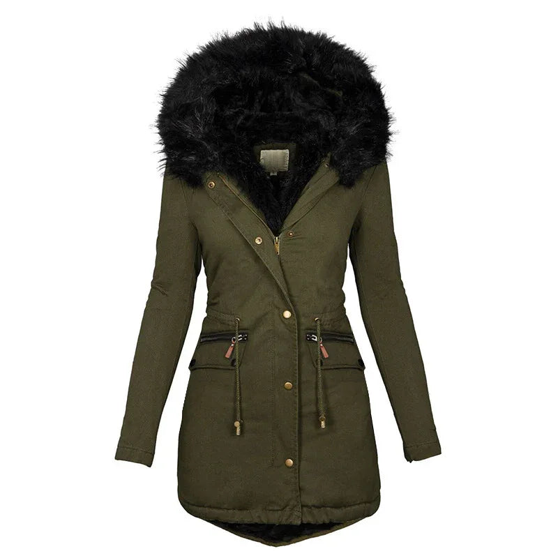 Women's Plush Hooded Parkas Winter Warm Thick Zip-up Jackets Casual Mid-length Solid Buckle Pockets Coat Outerwear Clothing - Dealnza
