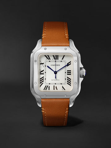 Cartier Santos de Cartier medium model watch with a steel case, silvered opaline dial, and a brown calfskin strap..