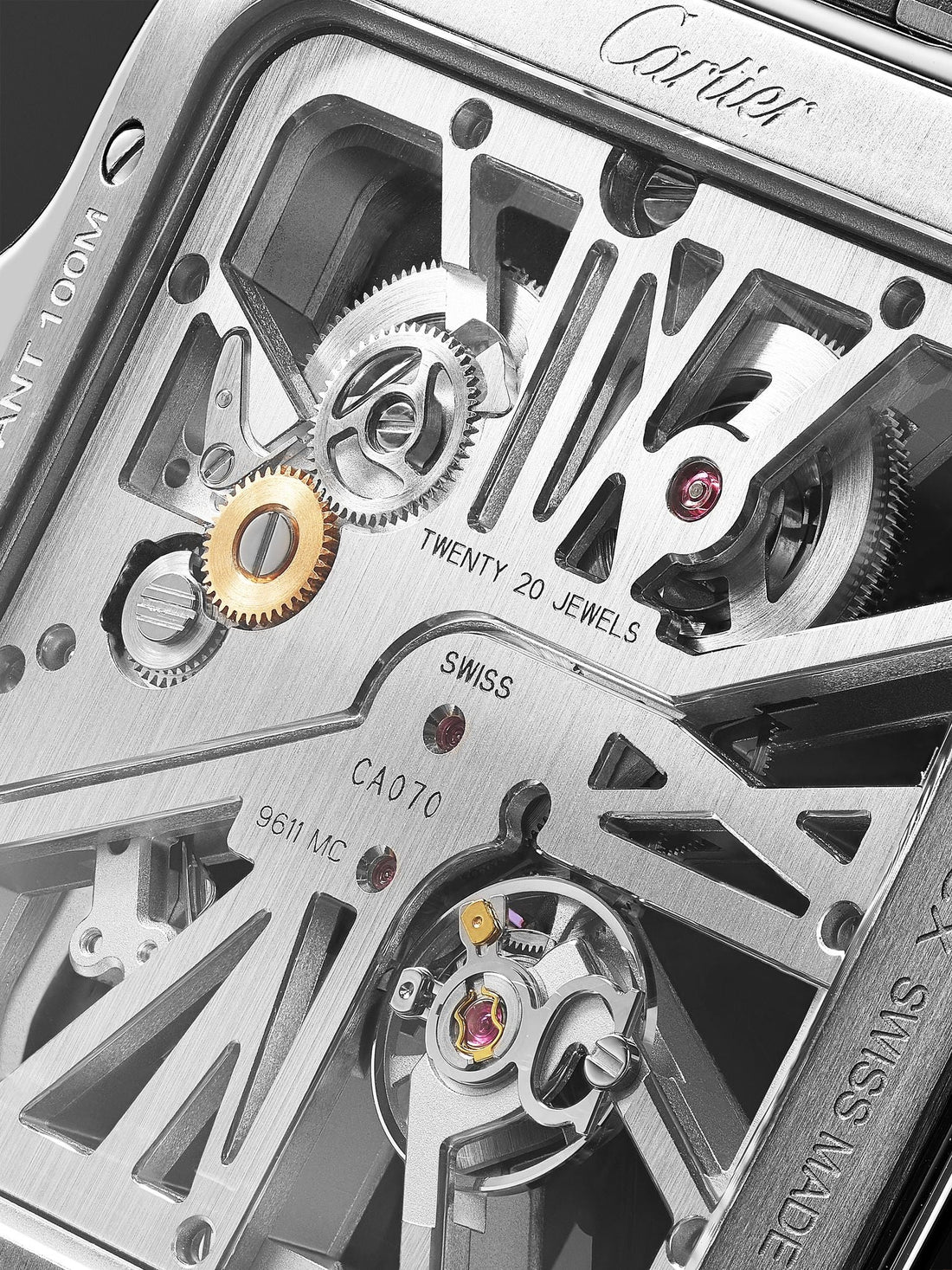 Cartier Santos de Cartier Skeleton watch, specifically the large model with green lacquer WHSA0028