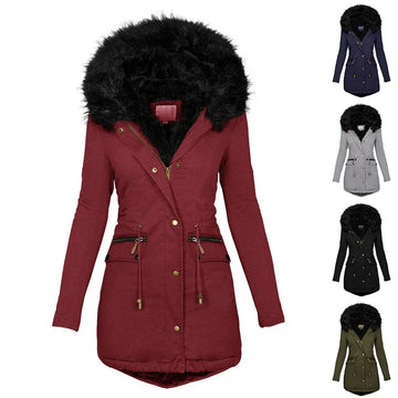 Women's Plush Hooded Parkas Winter Warm Thick Zip-up Jackets Casual Mid-length Solid Buckle Pockets Coat Outerwear Clothing - Dealnza