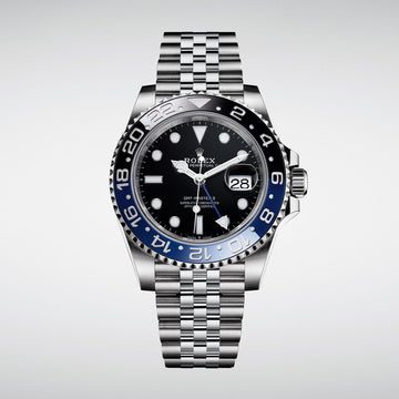 GMT-Master II, also known as the "Batgirl," which features a blue and black Cerachrom bezel and a Jubilee bracelet.