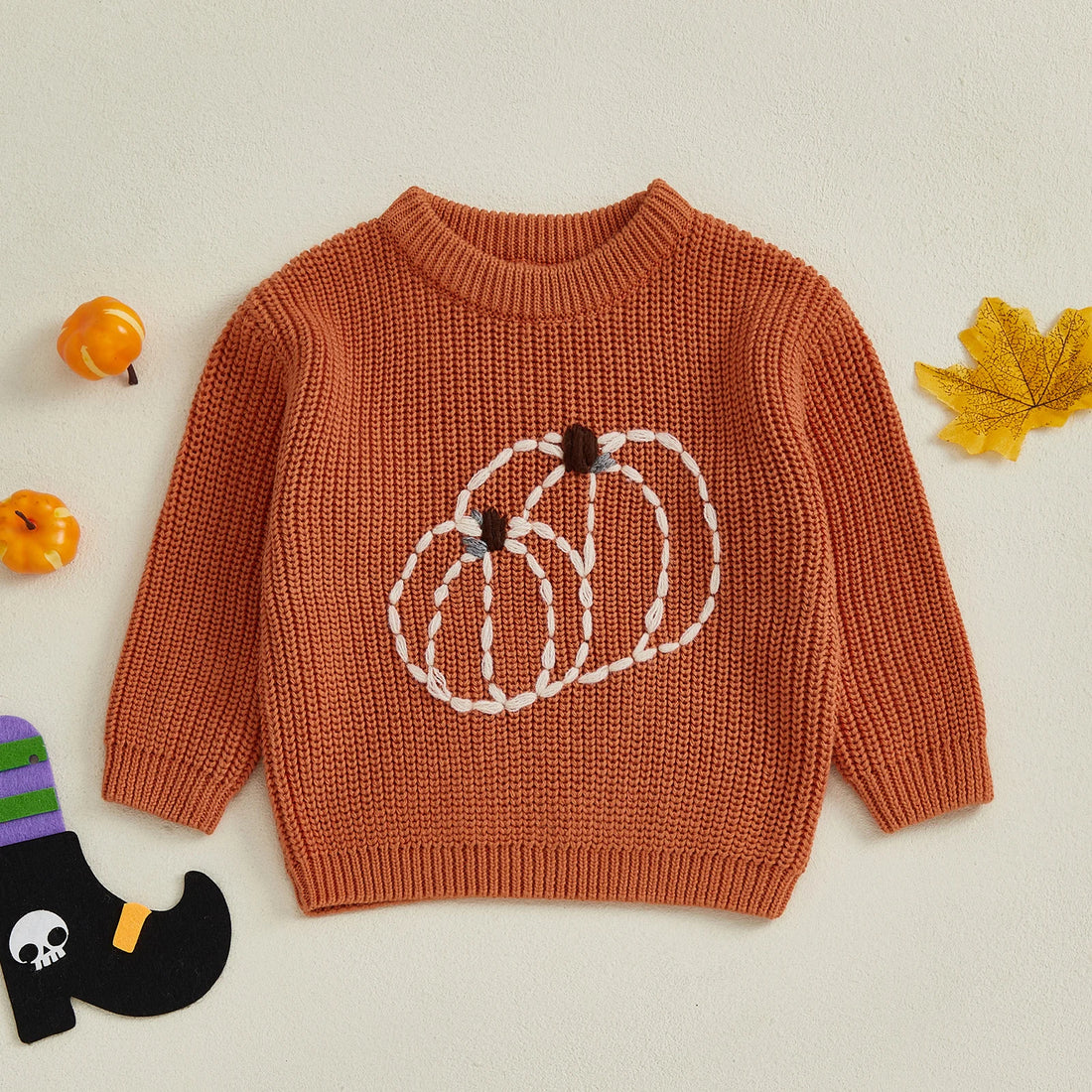 Toddler Baby Knit Sweater Pumpkin Embroidery Crew Neck
