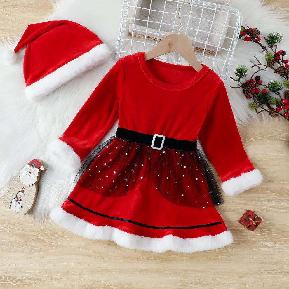 Girls' Christmas Long Sleeve Korean Velvet Dress