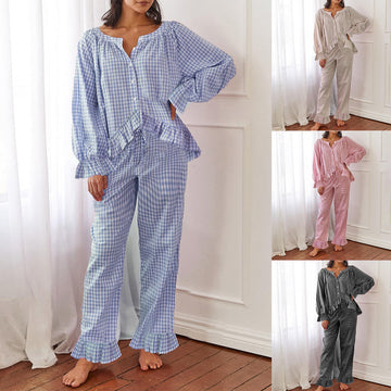 Women's Casual Plaid 2-piece Set Short Sleeve Ruffled Top And Pants