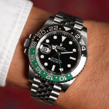 GMT-Master II "Sprite" reference 126720VTNR watch with a black and green Cerachrom bezel insert and a Jubilee bracelet.