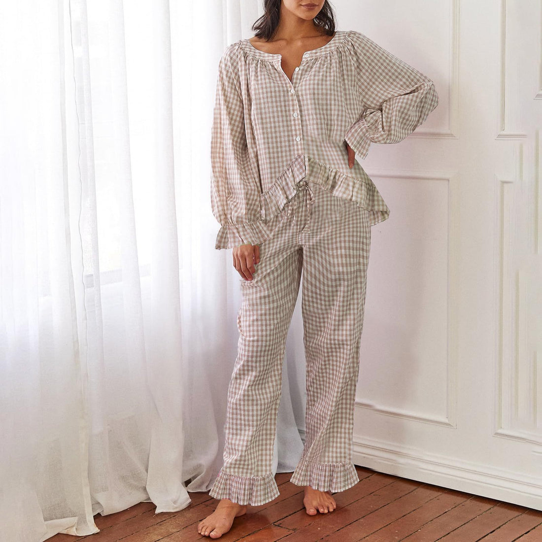 Women's Casual Plaid 2-piece Set Short Sleeve Ruffled Top And Pants